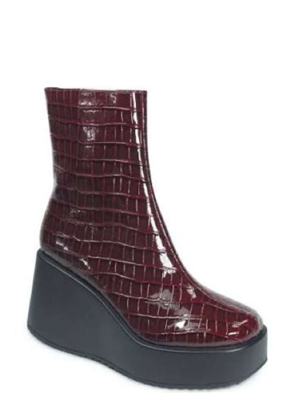 Women's Burgundy Croc-Embossed Platform Ankle Boots